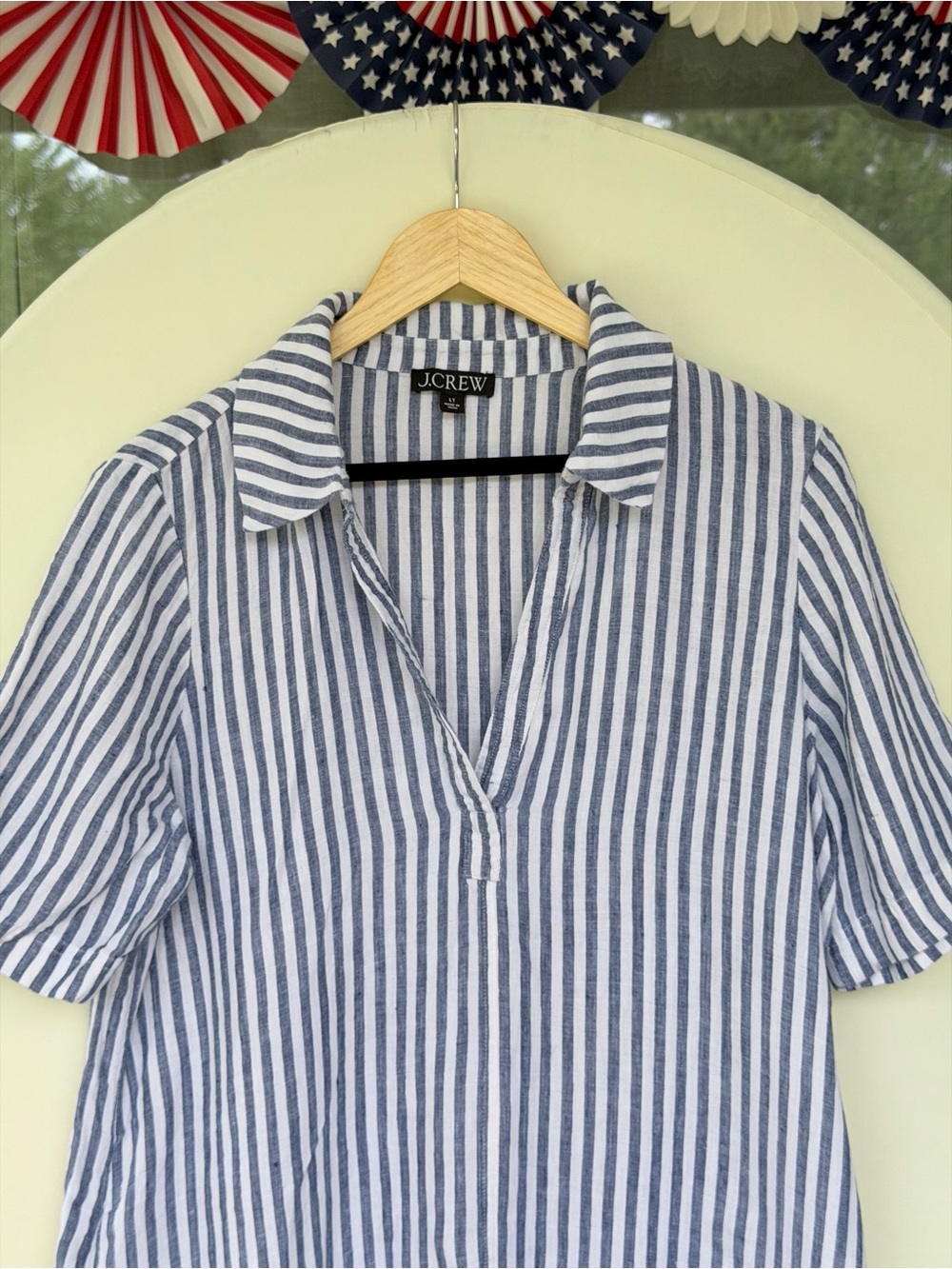 J Crew Bungalow Popover Dress Blue White Striped Linen size L Tall - Picture 4 of 6